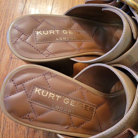 Kurt Geiger 8.5 Patent Leather Beige Platform Heeled Sandals Gold Eagle Buckle - Picture 12 of 13